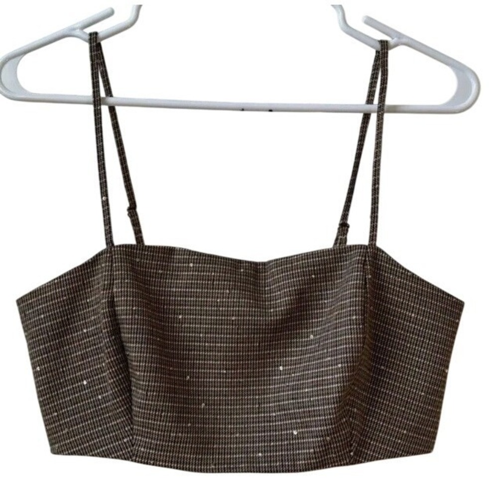 House of Harlow 1960 Plaid Sequin Smocked Crop Top Brown Small Adjustable Straps